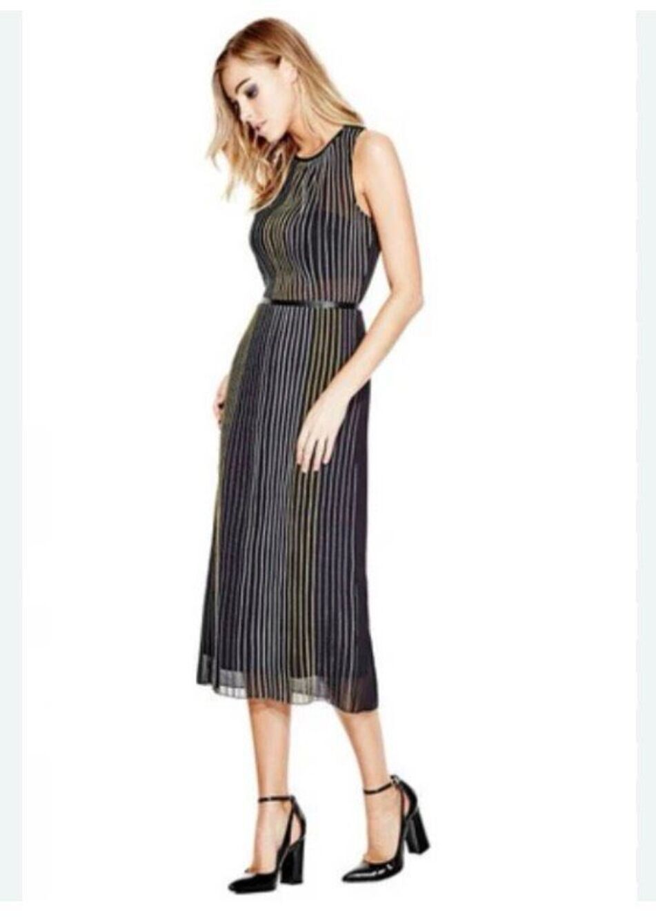 Guess Avril sleeveless ribbed chiffon black and gold striped dress - 8